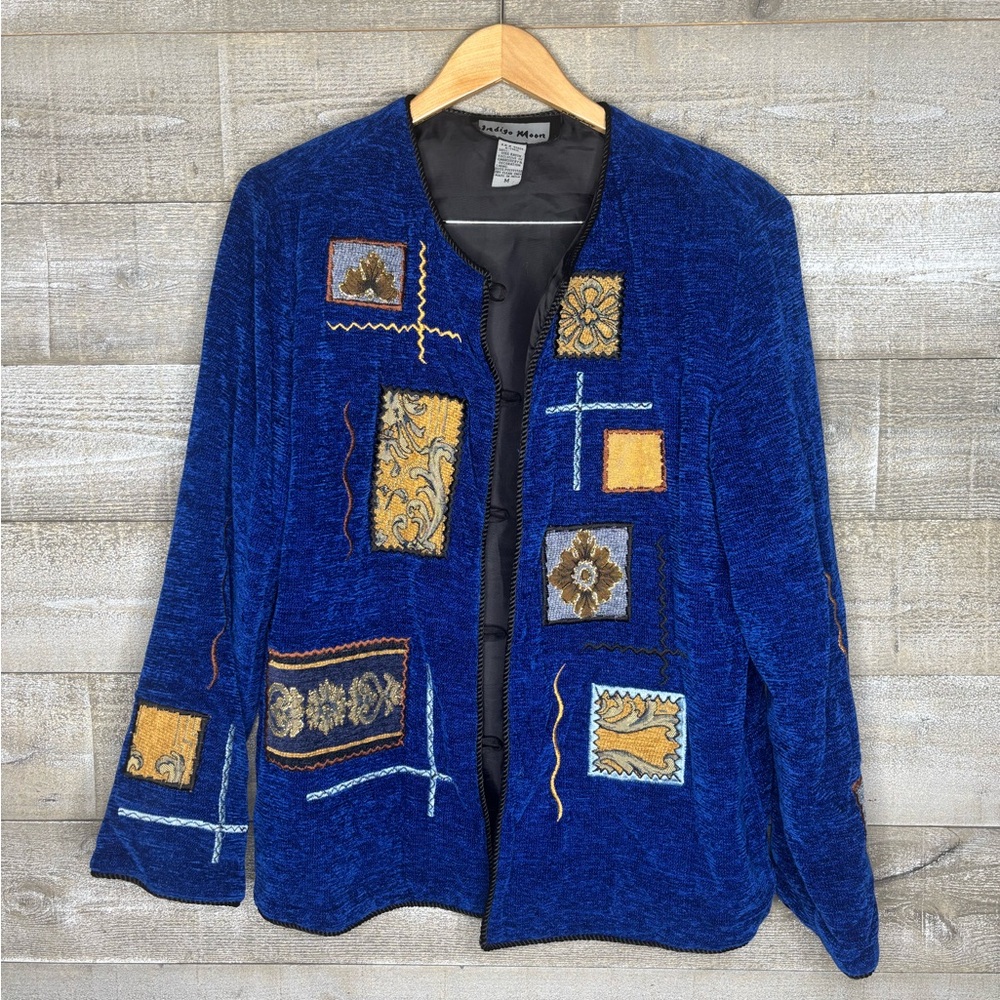 Indigo Moon art to wear Vibrant Blue and Yellow jacket with Artisanal Patchwork